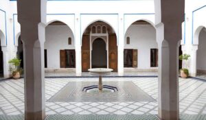 Courtyard with mosaic and fountain on the floor in the Bahia Palace
