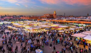 Famous Djemaa El Fna Square in early evening light, Marrakech