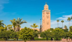 Ardens flank the Koutoubia Mosque, the largest mosque in Marrakesh, Morocco