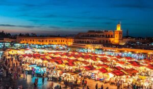 Famous Djemaa El Fna Square in early evening light, Marrakech, Morocco