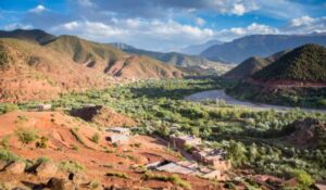 Mountains, village and dry river bed on the road to Kasbah Bab Ourika in the High Atlas Mountains