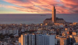 Sunset view of Casablanca cityscape with third largest Mosque in the world, Mosque Hassan II in Casablanca Morocco