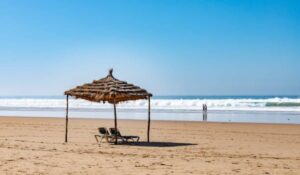Sunshade at Taghazout, Morocco. Often used to shade the camels and ponies on the beach