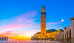 The Hassan II Mosque in Casablanca, Morocco around sunset