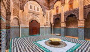 The courtyard of Al-Attarine Madrasa of the perfumers, built by Marinid sultans in 14h Century in the medina of Fez