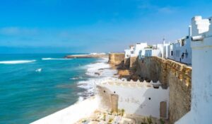 The fortified walll and coastline view of Medina, Asilah, Morocco.