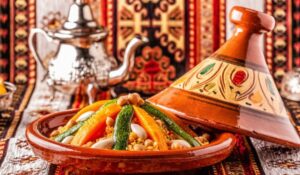 Vegetable tagine with almond and chickpea couscous
