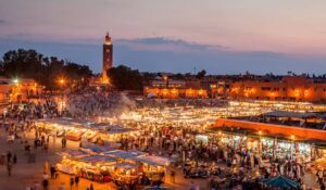 Djemma el Fna, the famous square and market place at dusk in Marrakech, Morocco