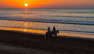 People riding horses along the beach at sunset Atlantic coast Essaouira Morocco